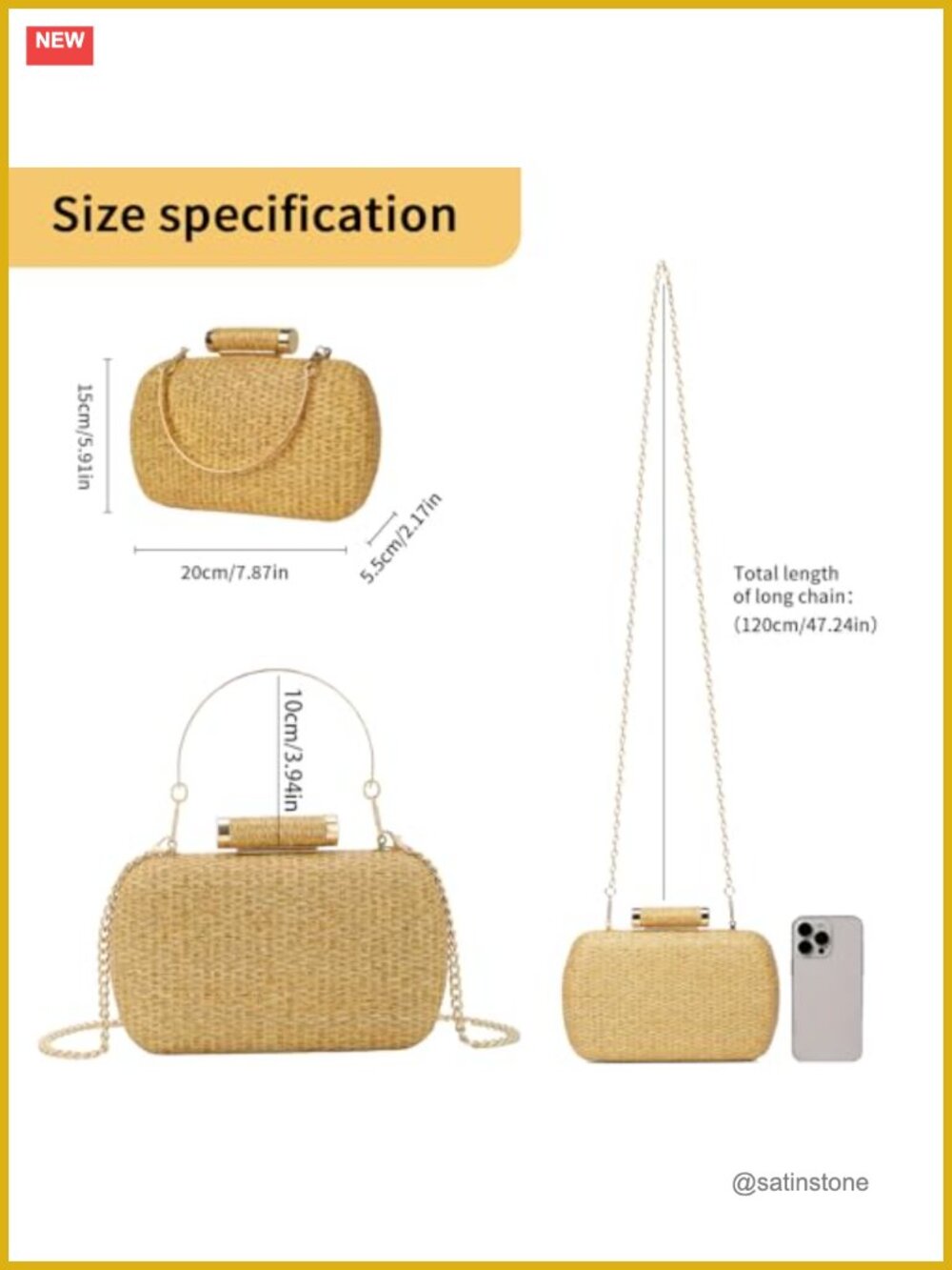 Hand-Woven Wicker Evening Clutch, Raffia Straw Party Beach Bag - Picture 3 of 7